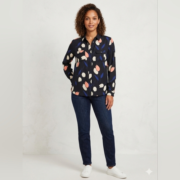 LOFT Tops - LOFT Dark Cottagecore Tulip Print Utility Blouse Preppy Dark Floral XS